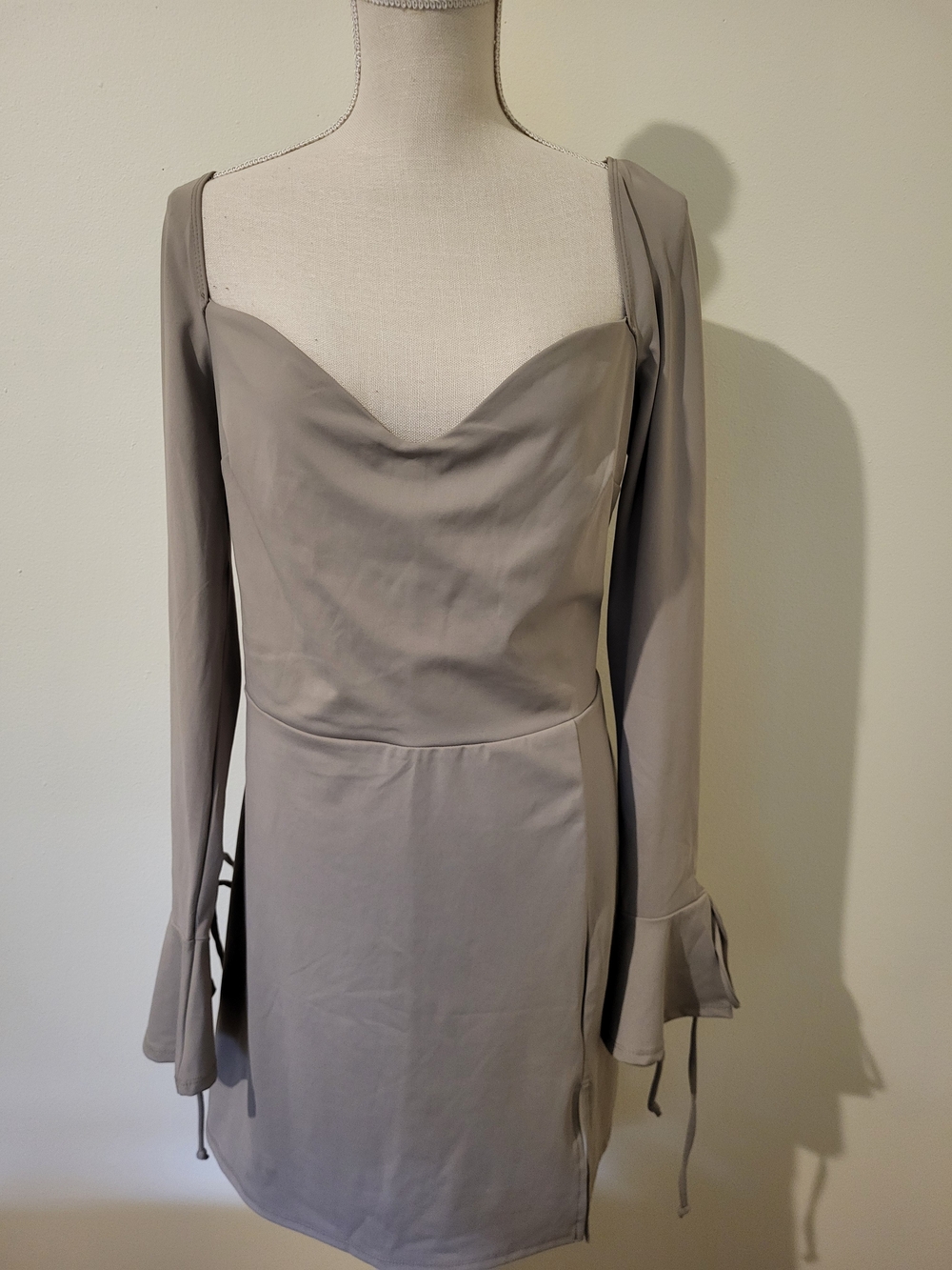 NWT Fashion Nova Emilia Mini Dress in Taupe Long Sleeves W/Bow Tie Cuffs Peasant